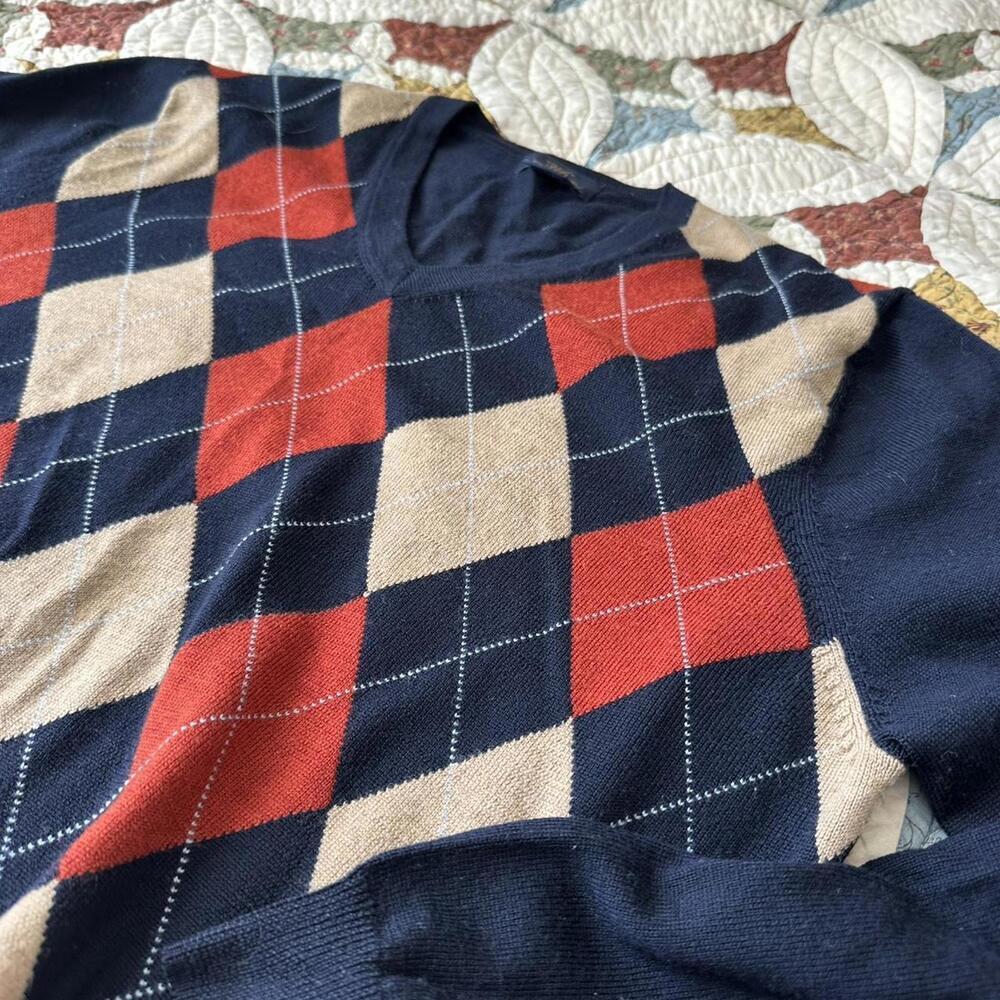 Brooks Brothers navy and orange argyle knit sweater 100% merino wool academic - Picture 2 of 4